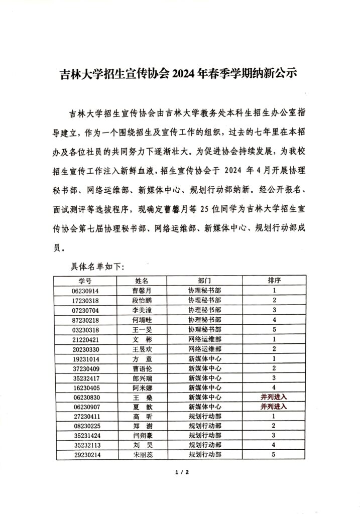 吉林大学招生宣传协会2024年春季学期纳新公示-公开文件论坛-协会文件-吉林大学招生协会