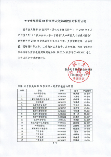 关于张昊维等24位同学认定劳动教育时长的证明-吉林大学招生协会
