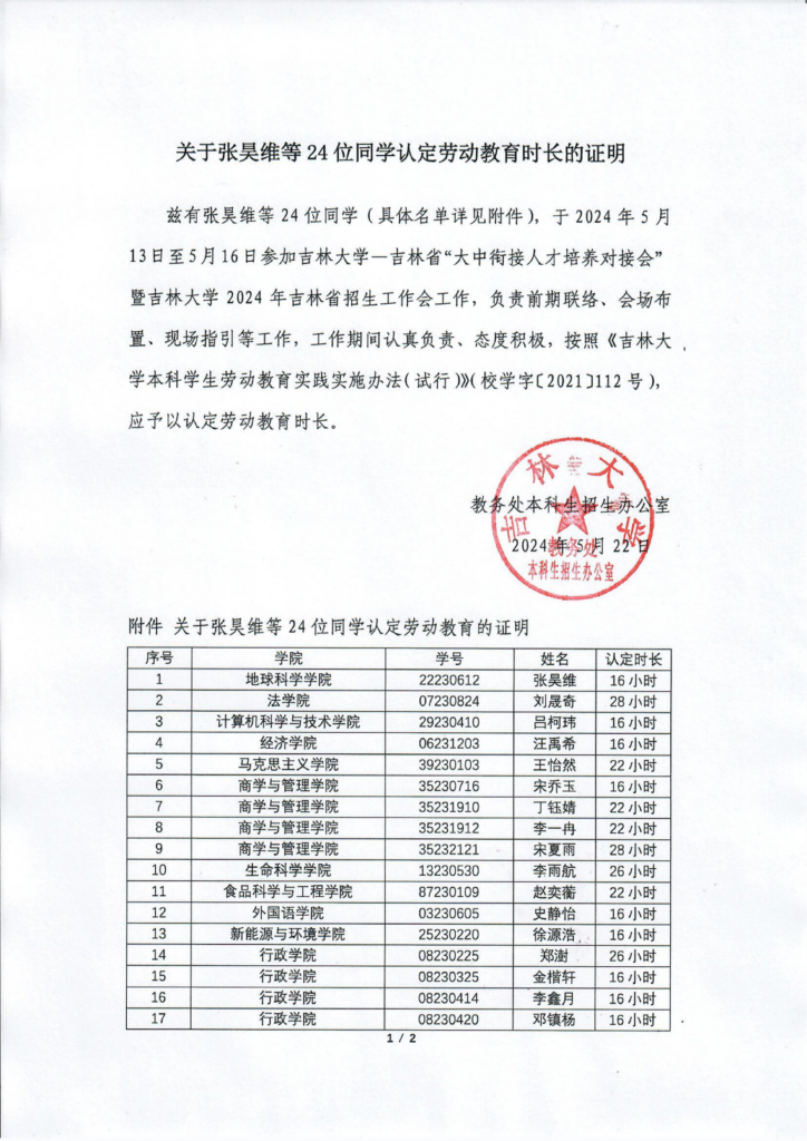 关于张昊维等24位同学认定劳动教育时长的证明-公开文件论坛-协会文件-吉林大学招生协会