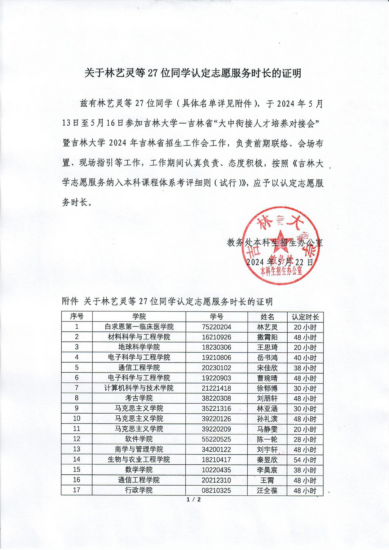 关于林艺灵等27位同学认定志愿服务时长的证明-吉林大学招生协会